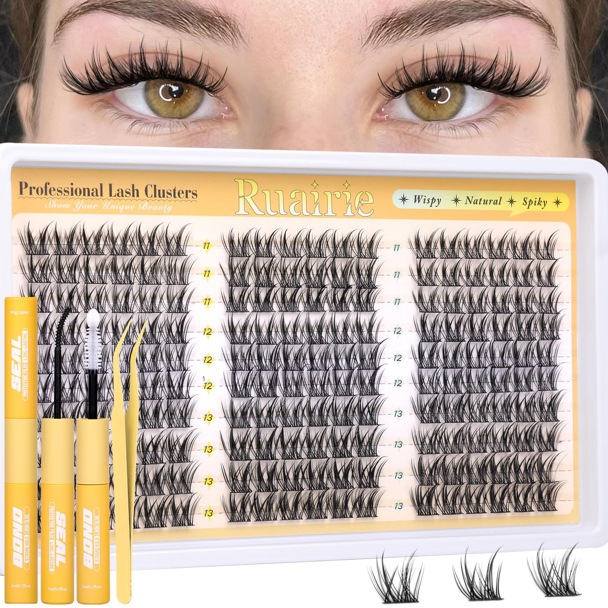 Ruairie front packaging showing 180-piece manga lash cluster kit and included tools benefits quick styling