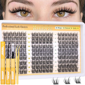 Ruairie front packaging showing 180-piece manga lash cluster kit and included tools benefits quick styling