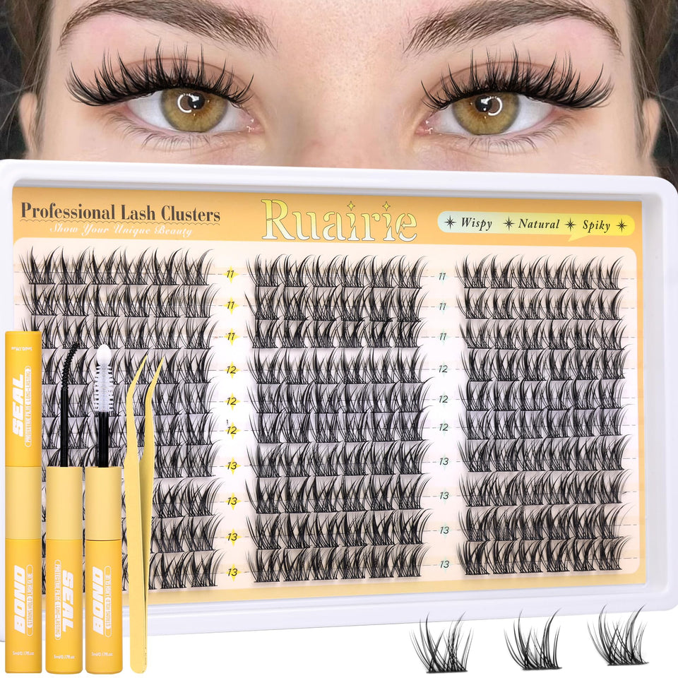Ruairie front packaging showing 180-piece manga lash cluster kit and included tools benefits quick styling