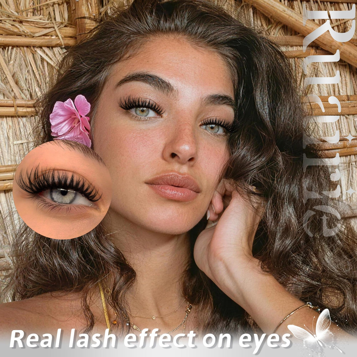 Ruairie lifestyle shot with glam outfit showcasing camera-ready lashes