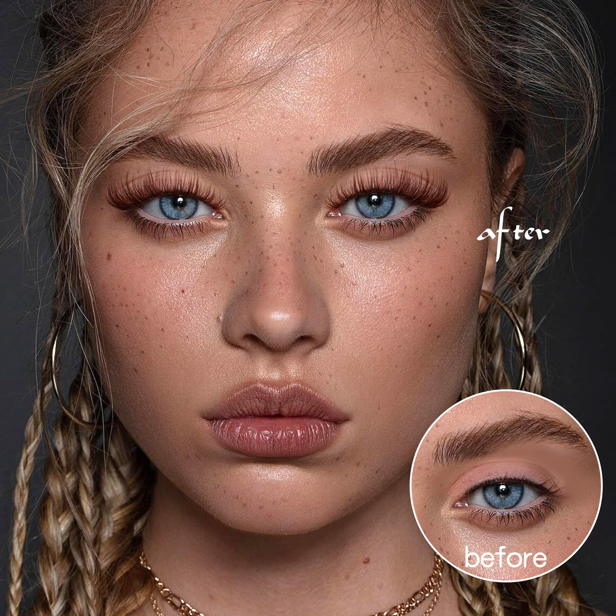 Ruairie model wearing brown clusters showing subtle, natural enhancement