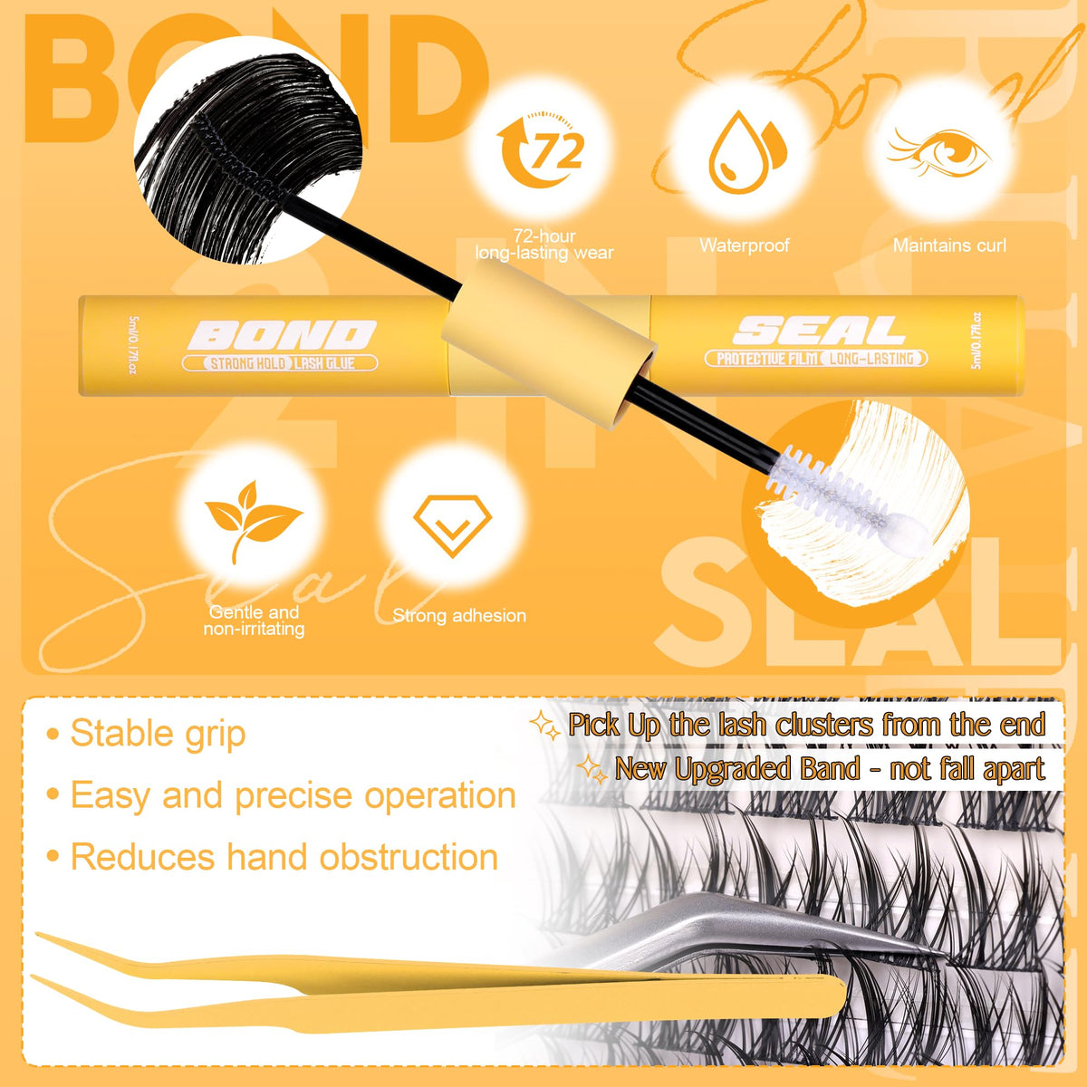 Ruairie sealant bottle with finished lashes illustrating long-lasting hold and polished appearance
