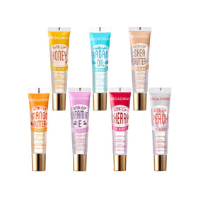 Ruby Kisses front packaging showing seven clear gloss tubes and brand clarity