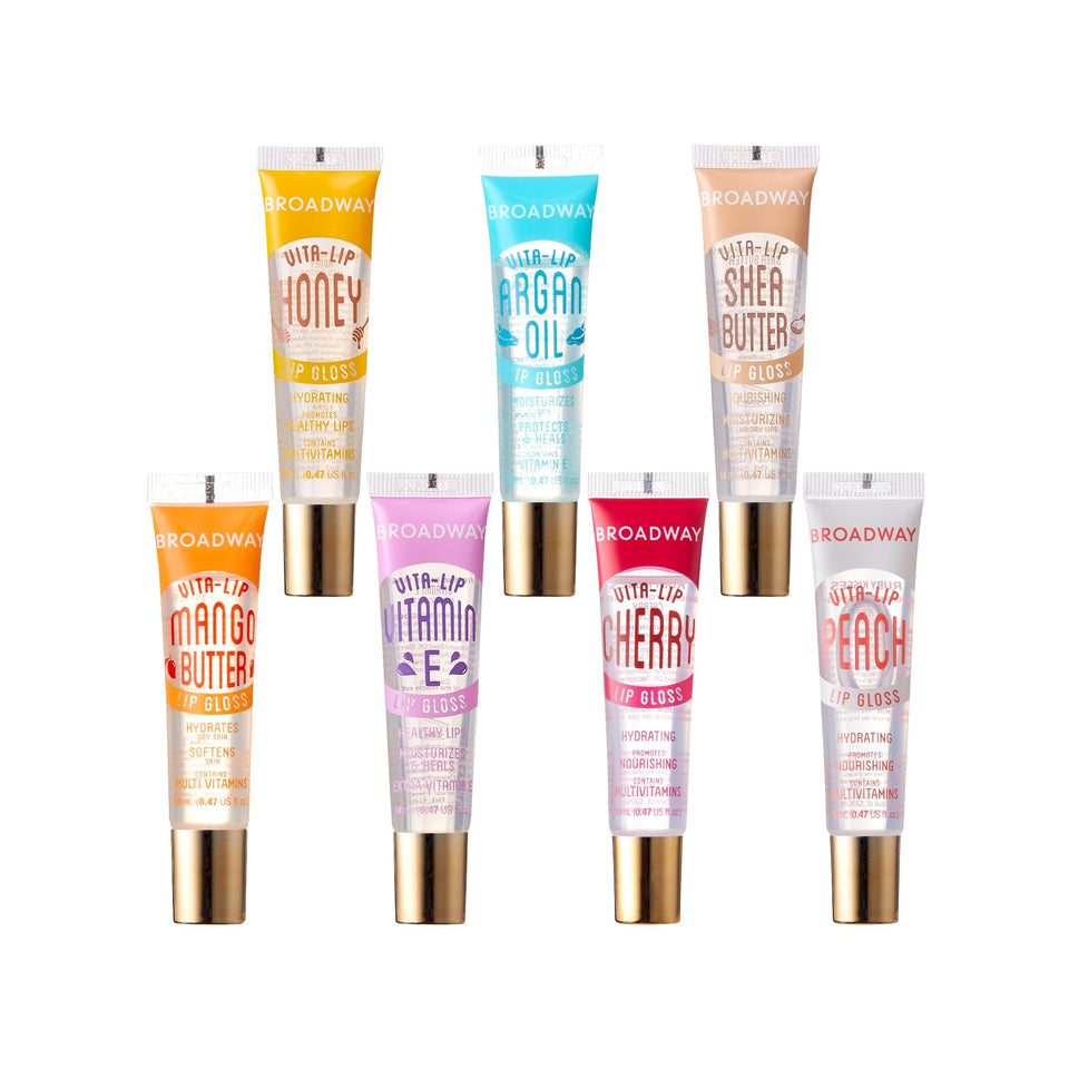 Ruby Kisses front packaging showing seven clear gloss tubes and brand clarity