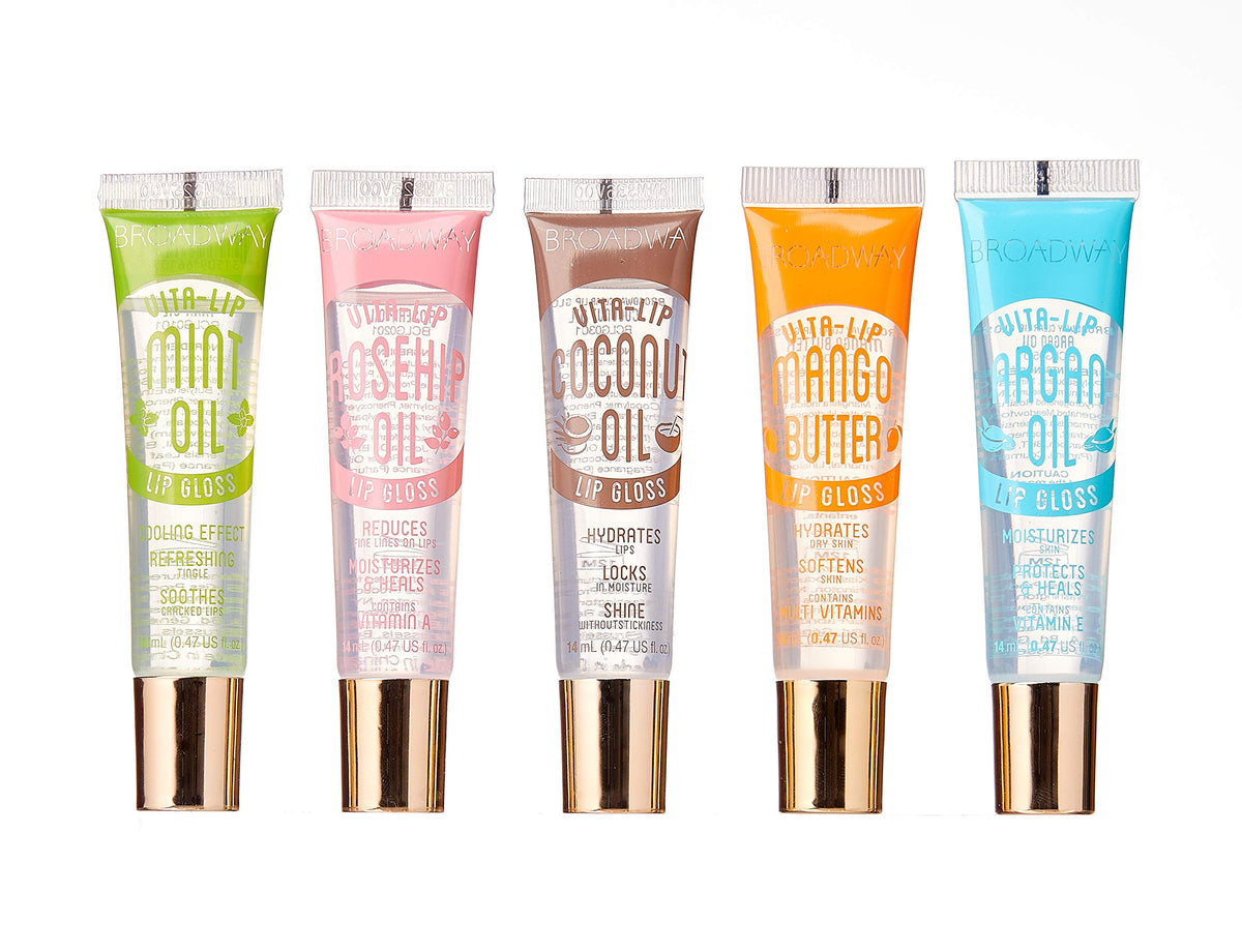 Ruby Kisses front packaging showing five clear gloss tubes and high-shine benefit