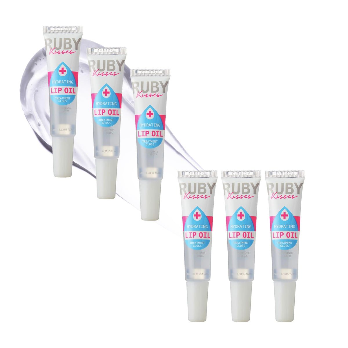 Ruby Kisses front packaging clear lip oil showing glossy finish and compact tubes benefit hydration