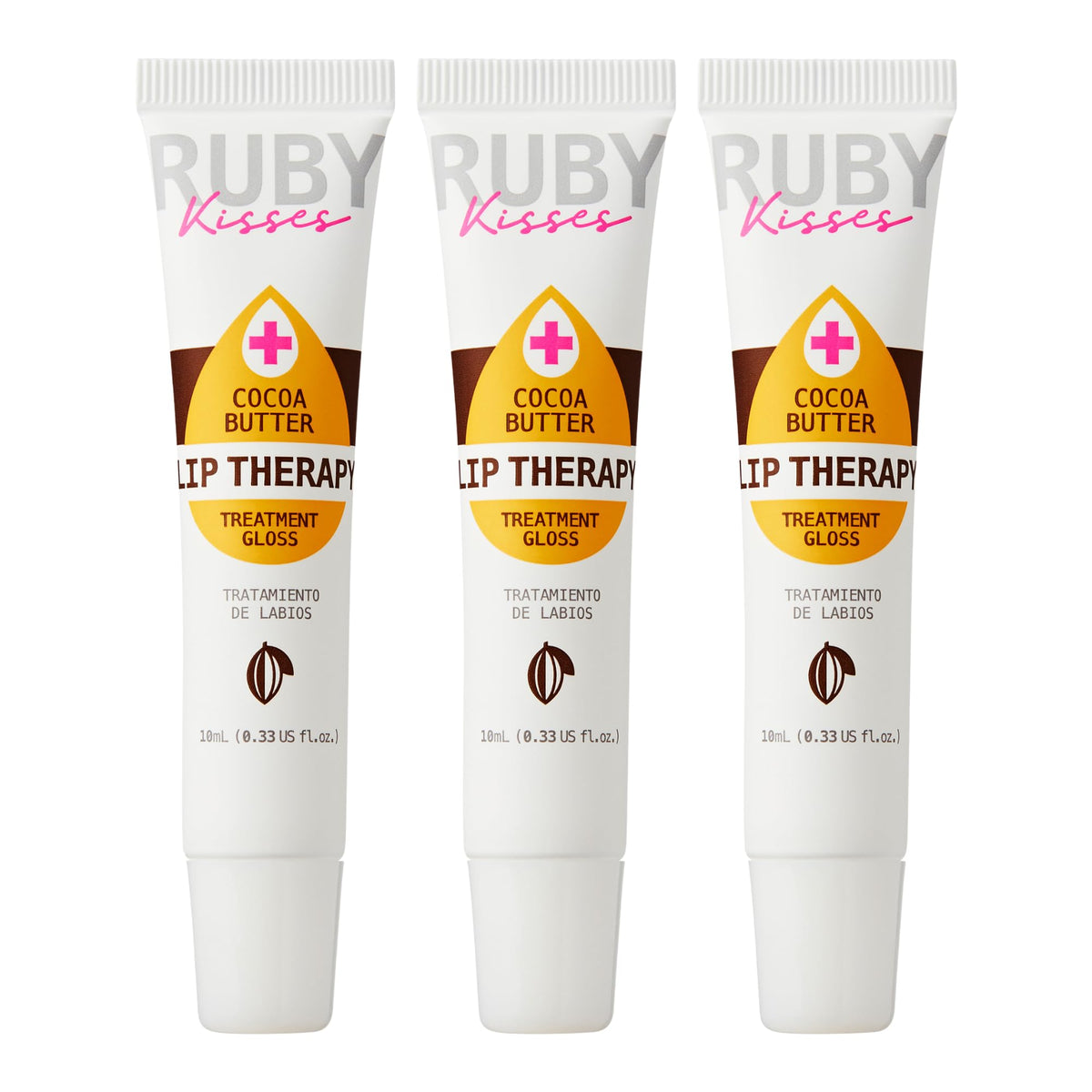 Ruby Kisses front packaging three-pack showing cocoa butter lip oil benefit hydration