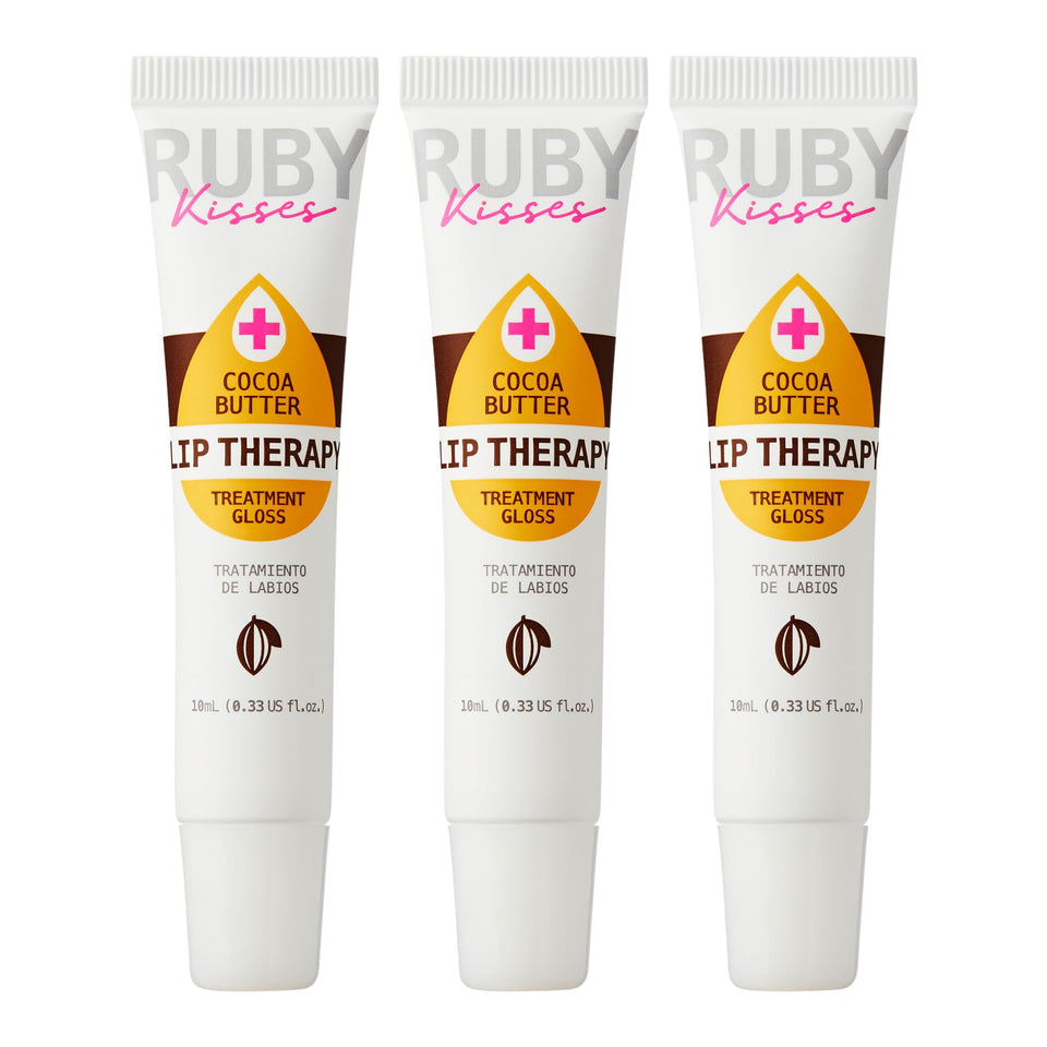Ruby Kisses front packaging three-pack showing cocoa butter lip oil benefit hydration