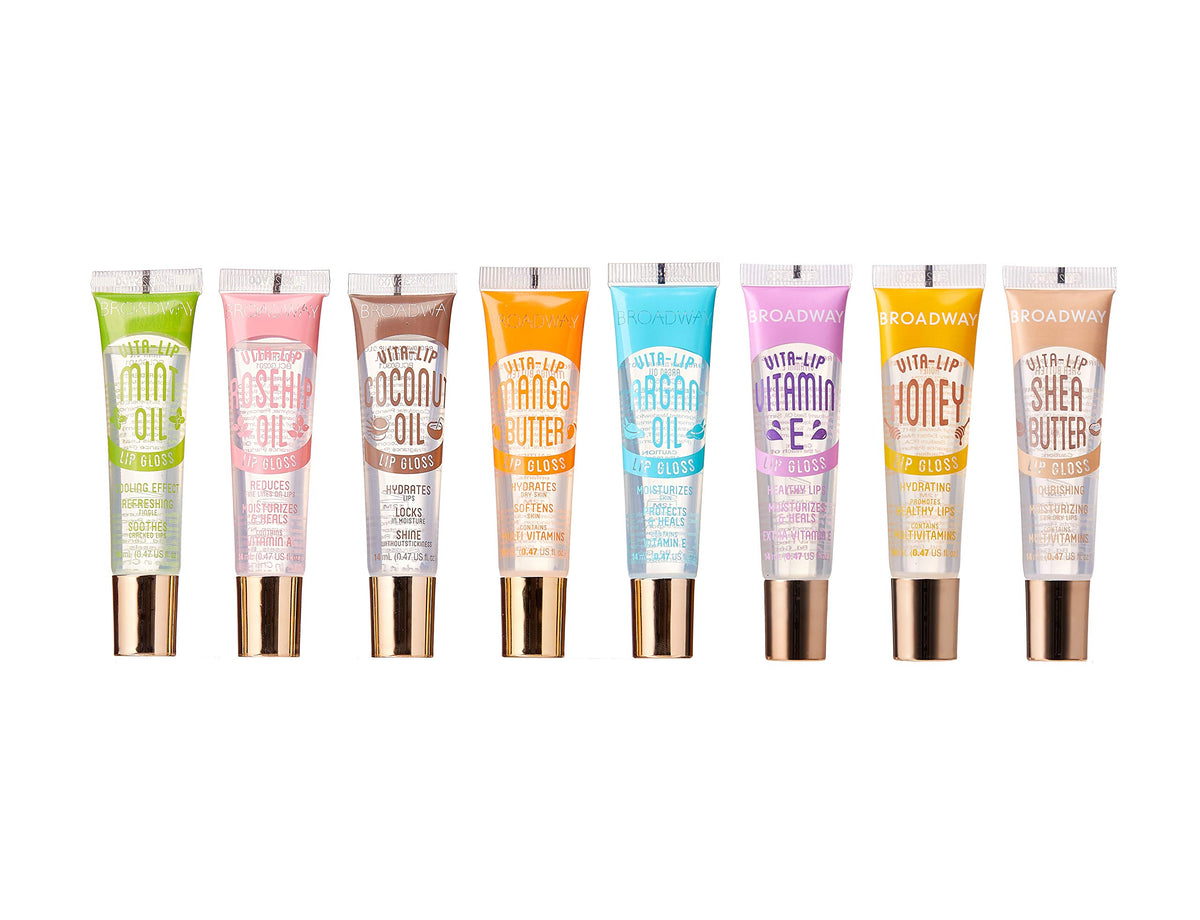 Ruby Kisses front packaging showing eight clear gloss tubes and bright shine