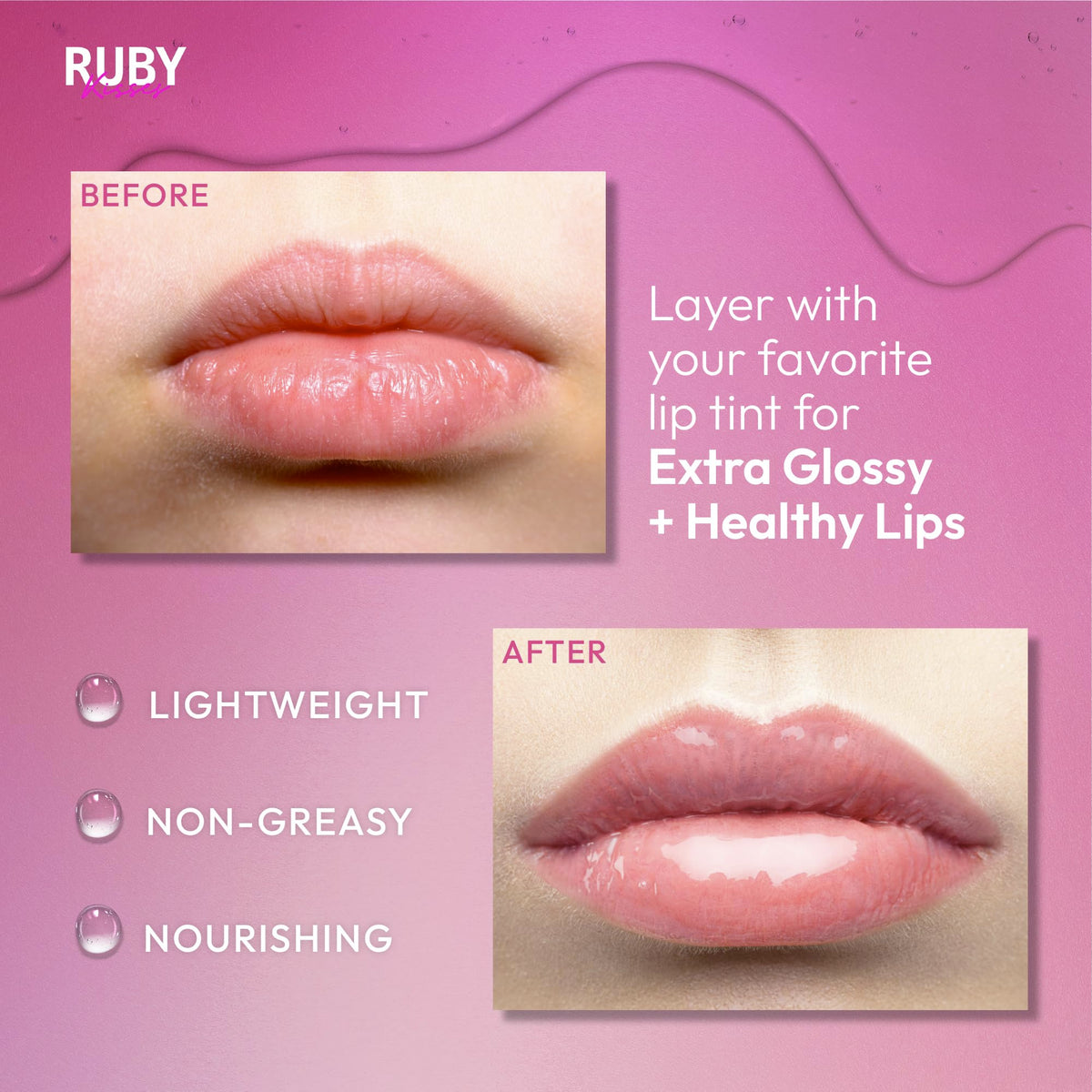 Ruby Kisses texture pool of clear oil gloss highlighting lightweight non-greasy shine benefit smoothness
