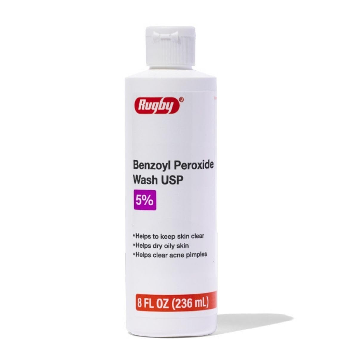 Rugby Laboratories front packaging showing 5% benzoyl peroxide and benefits