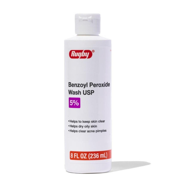 Rugby Laboratories front packaging showing 5% benzoyl peroxide and benefits