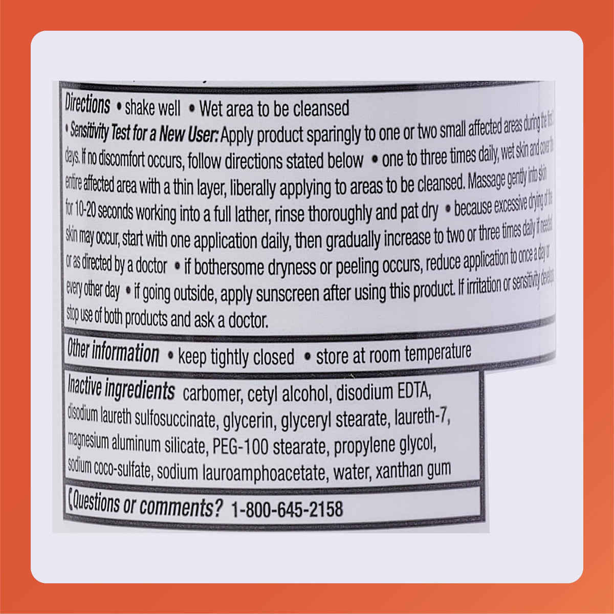 Rugby Laboratories label close-up highlighting 5% benzoyl peroxide active