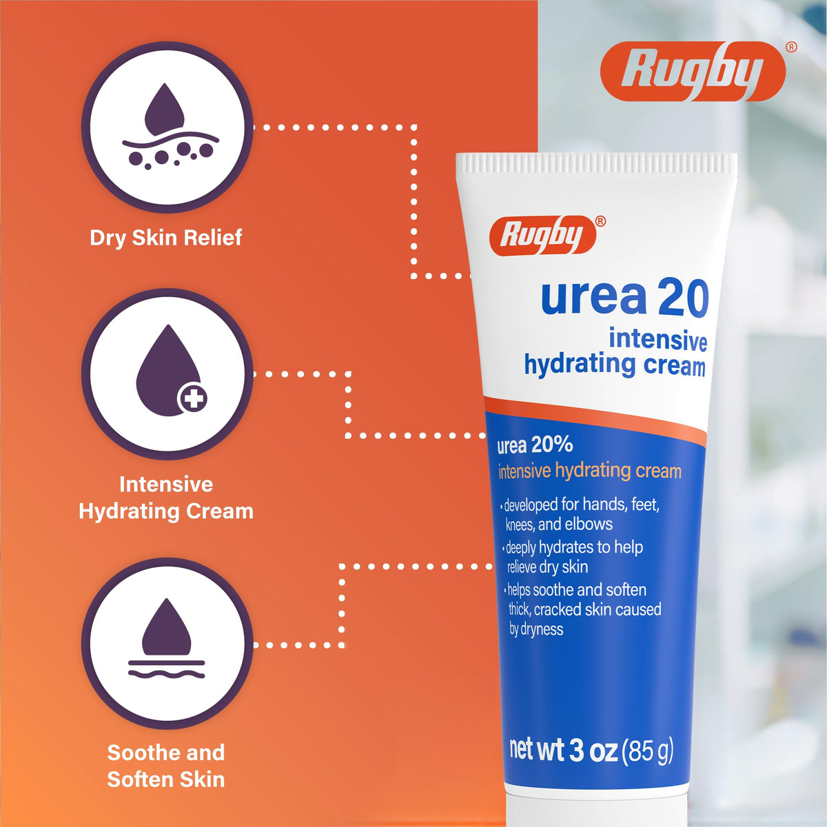RUGBY LABORATORIES hand application lifestyle image, shows quick softening result