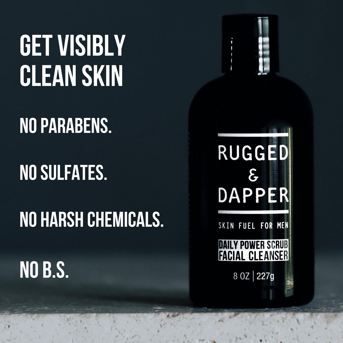 RUGGED & DAPPER close-up of smooth, refreshed male skin after use demonstrating reduced congestion
