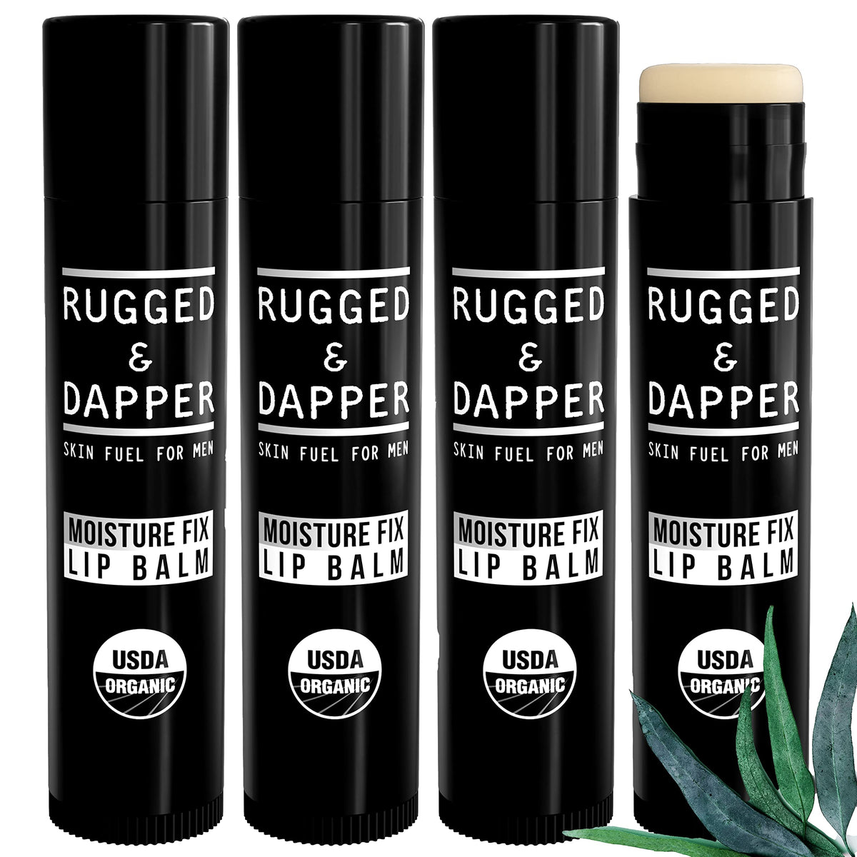 RUGGED & DAPPER front packaging showing four organic lip balm tubes benefiting daily hydration