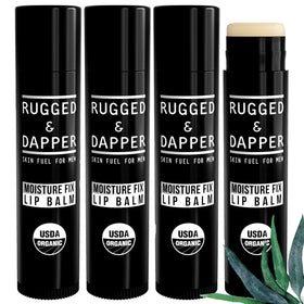 RUGGED & DAPPER front packaging showing four organic lip balm tubes benefiting daily hydration