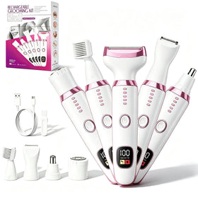 RUIM front view showing device and five attachments for versatile grooming