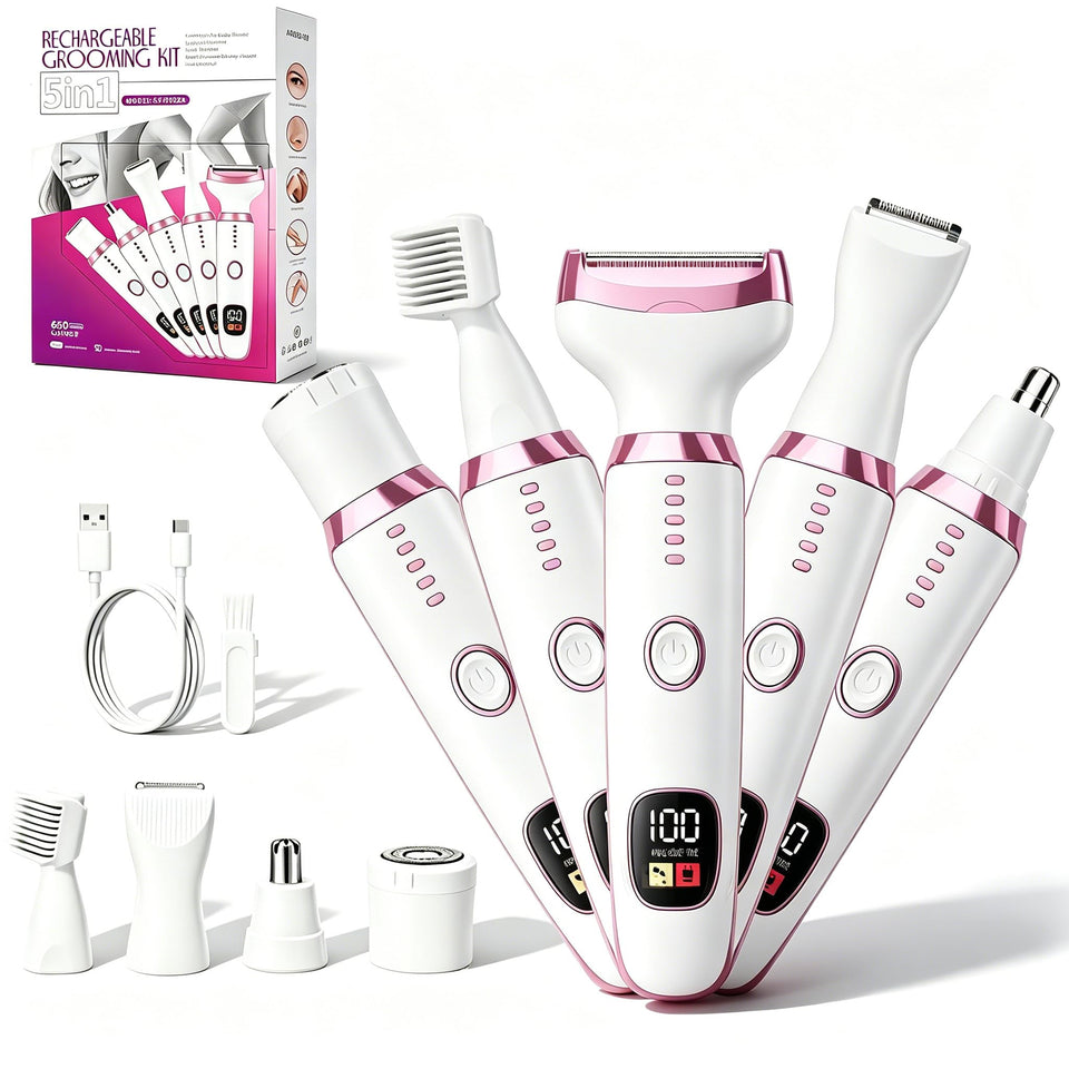 RUIM front view showing device and five attachments for versatile grooming