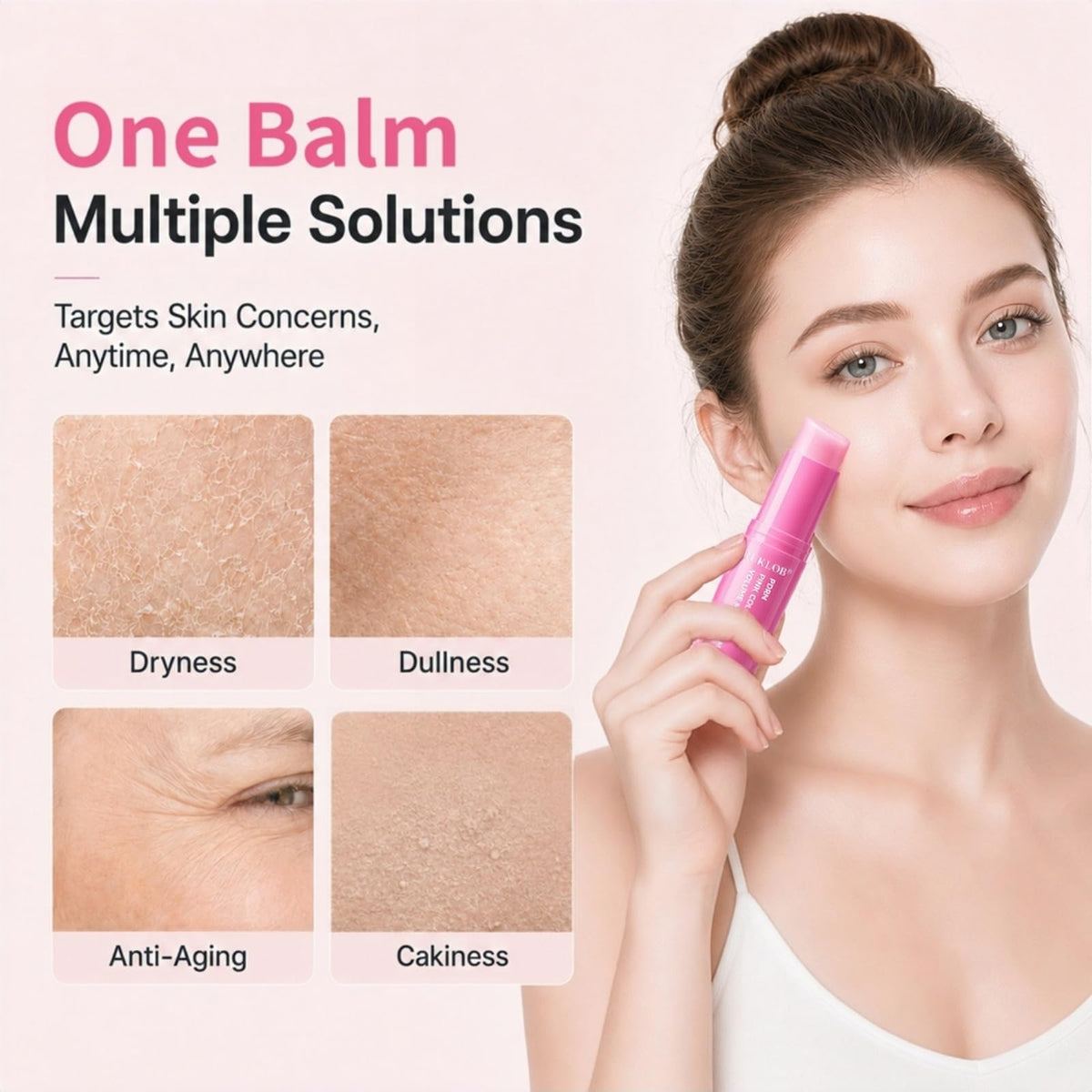 ruklob model applying balm under eye, reduces dry-looking creases
