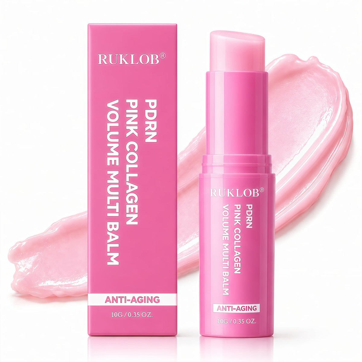 ruklob front packaging showing pink collagen balm, highlights portable hydration