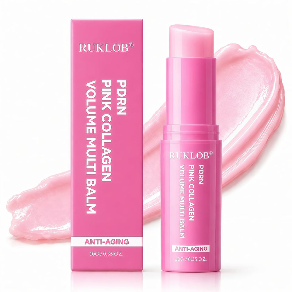 ruklob front packaging showing pink collagen balm, highlights portable hydration