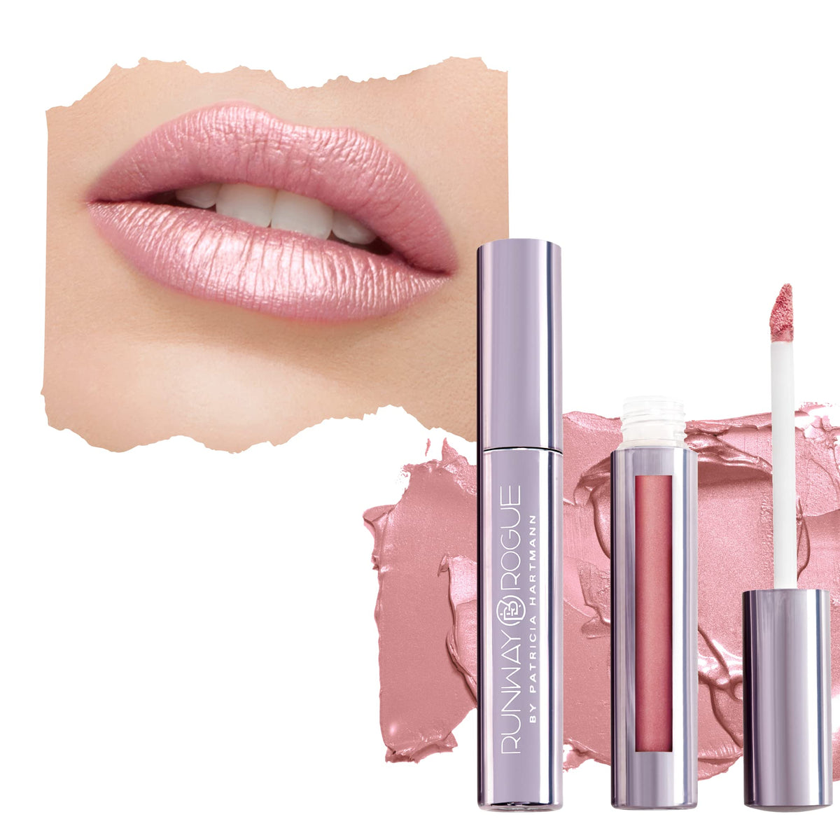 Runway Rogue front packaging showing frosted pale-pink shade and benefit of luxe look