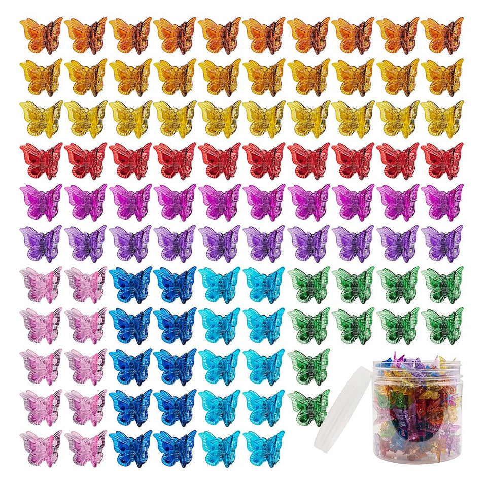 Ruocce front packaging showing 100 colorful butterfly clips and storage container benefit: organized set