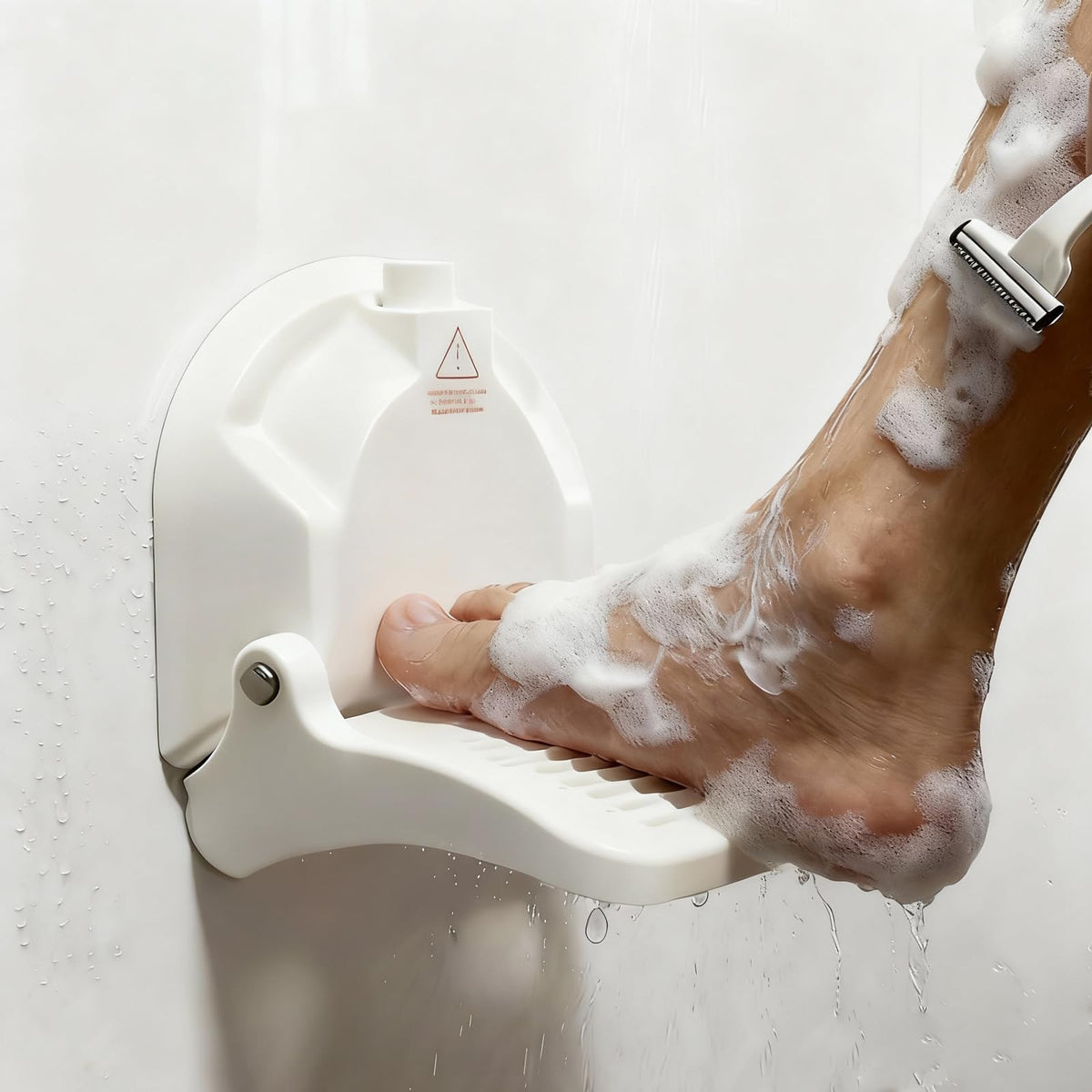 Ruppence front view mounted shower foot rest showing stability benefit