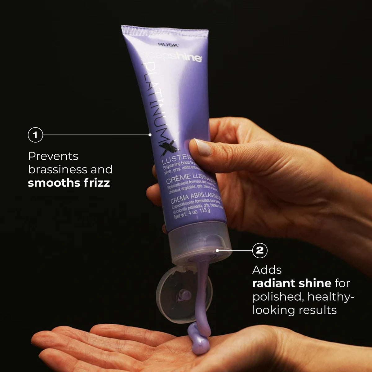 RUSK being applied to damp bleached hair for frizz control and tone