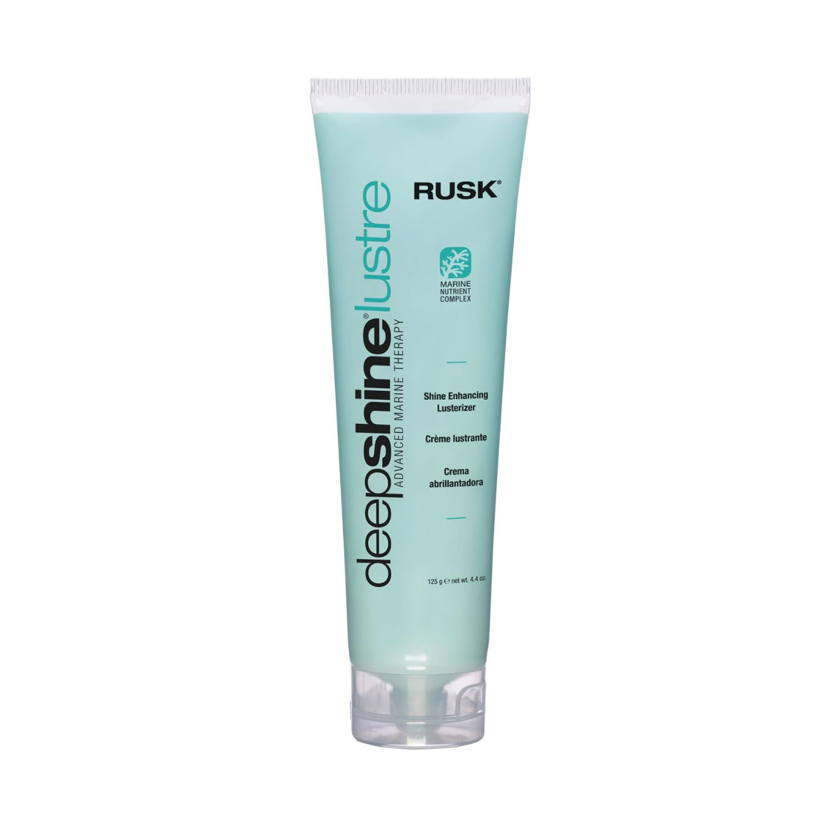 RUSK bottle front view showing sleek packaging and instant shine benefit