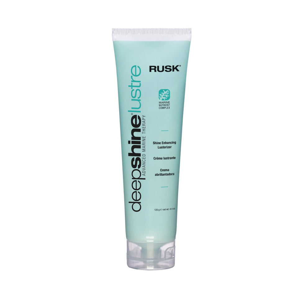 RUSK bottle front view showing sleek packaging and instant shine benefit