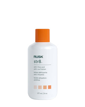 RUSK front packaging of str8 lotion showing label and size, promotes smoother styling