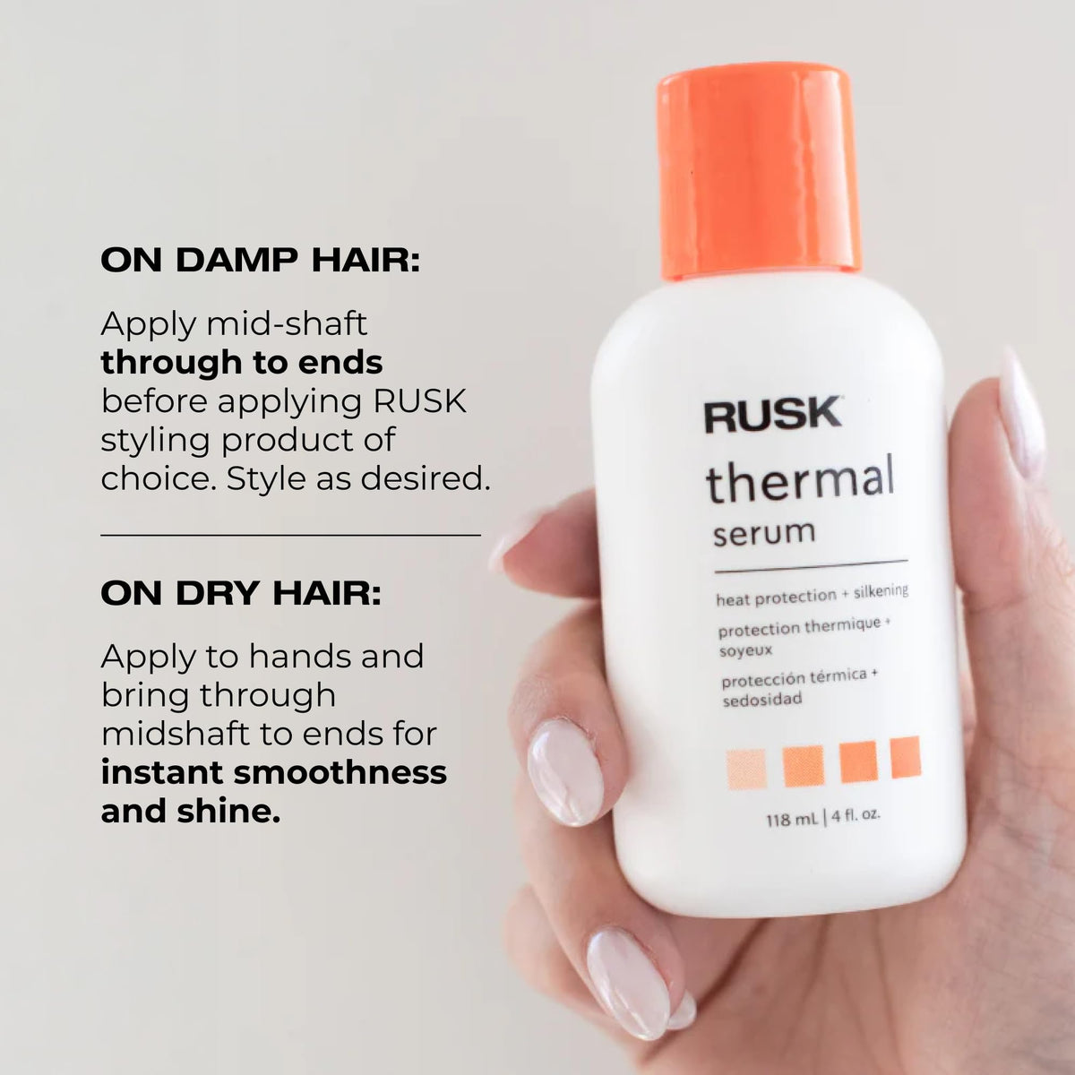 RUSK bottle beside blow dryer and flat iron signaling heat protection