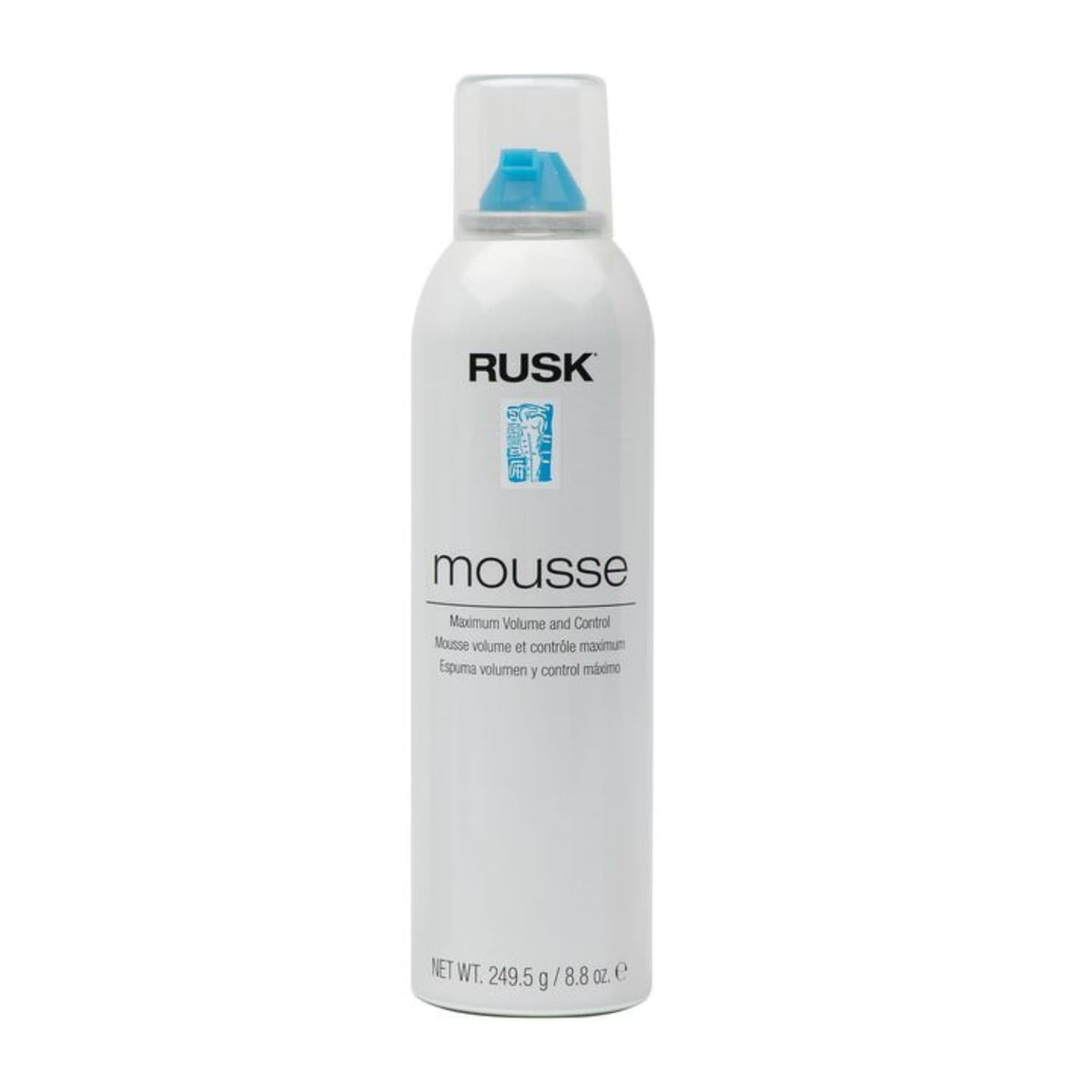 RUSK styling mousse front packaging displays product and promises firm hold and volume