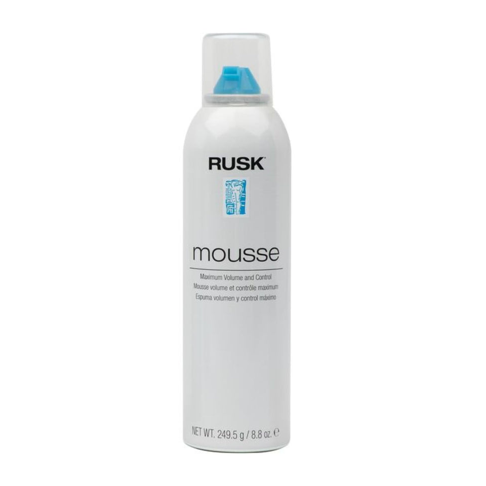 RUSK styling mousse front packaging displays product and promises firm hold and volume