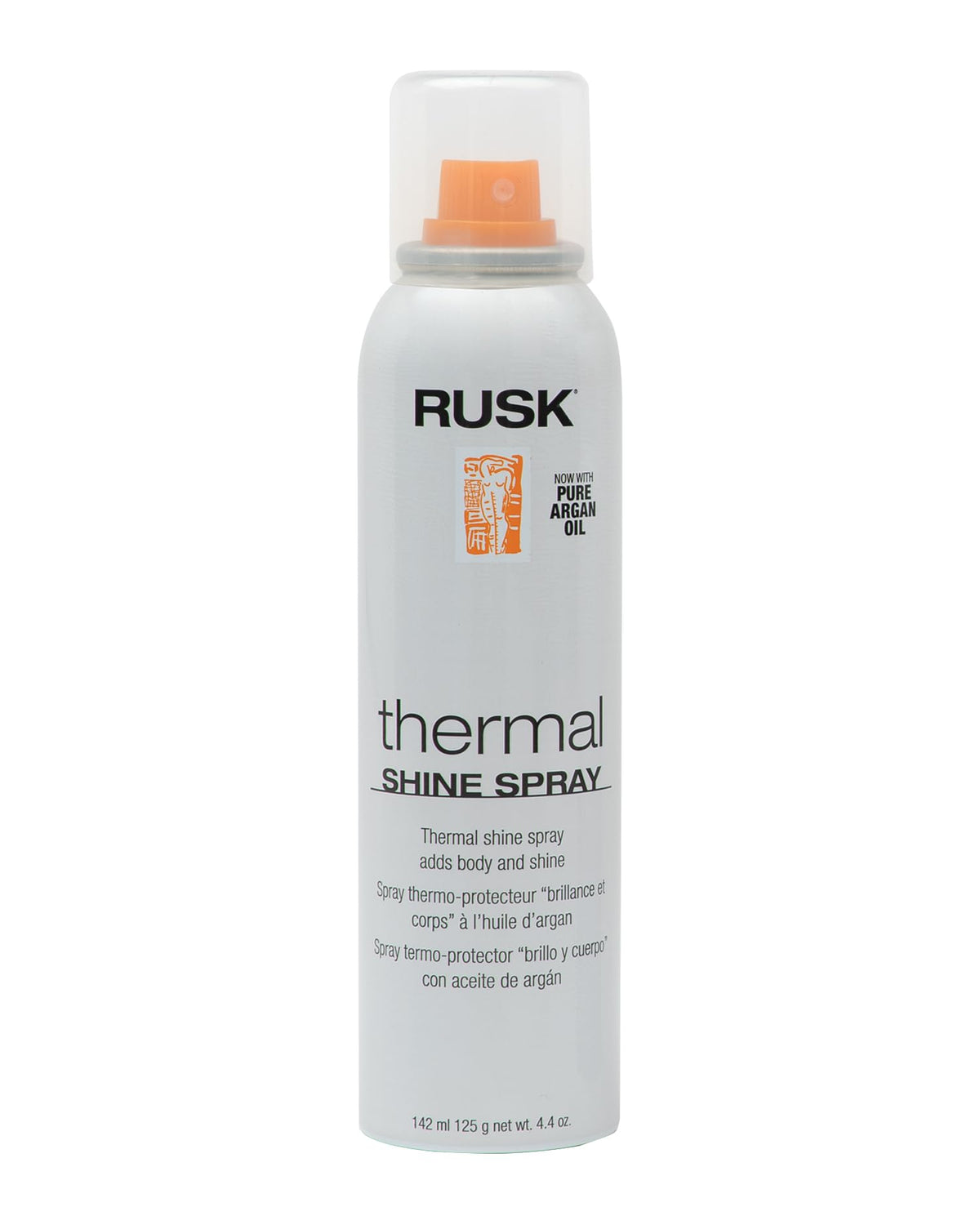 RUSK thermal shine spray front packaging showing bottle and label for shine