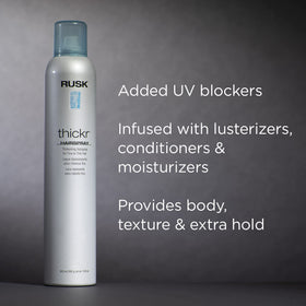 RUSK Thickr mist visible in hand demonstrating fine texture and coverage