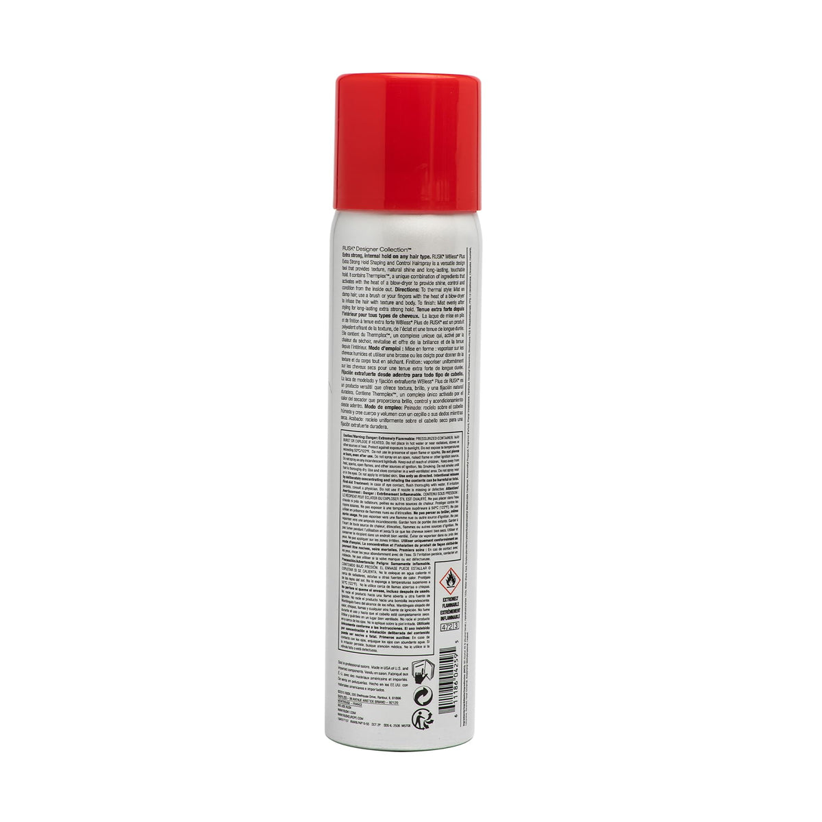 RUSK can spraying fine mist on styled hair to deliver long-lasting hold