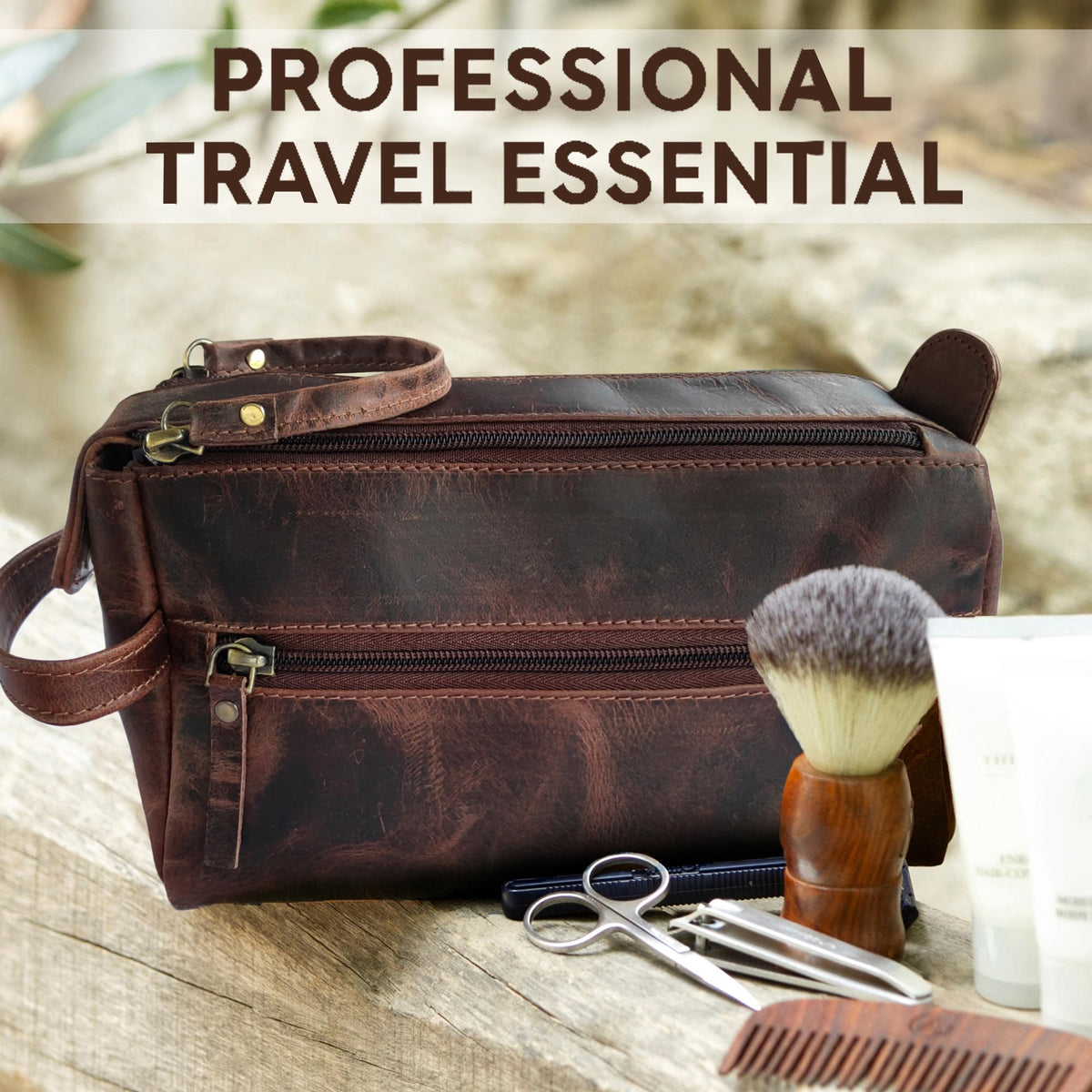 RUSTIC TOWN on bathroom counter in travel setup highlighting polished style