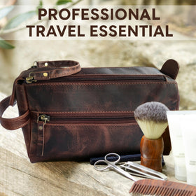 RUSTIC TOWN on bathroom counter in travel setup highlighting polished style