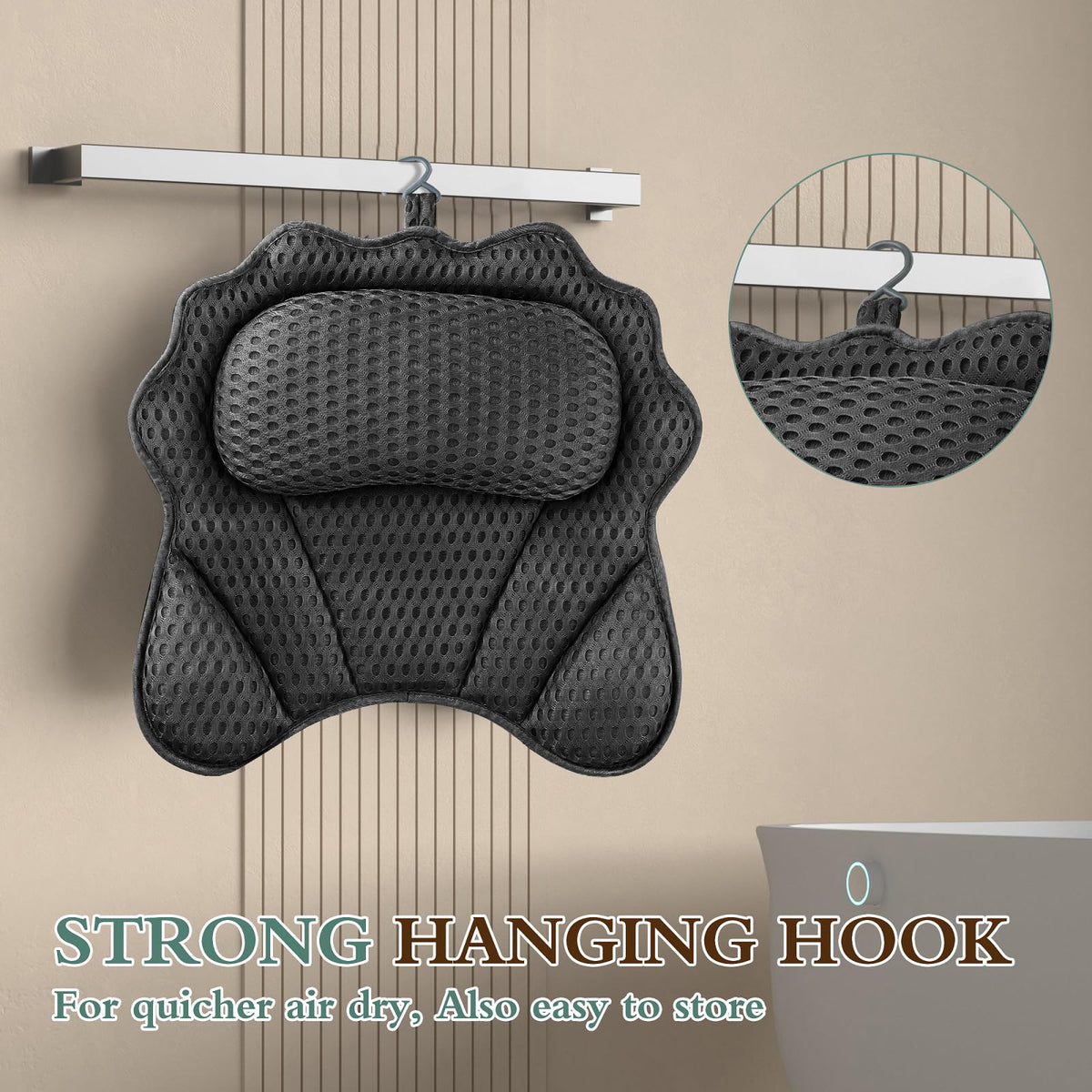 RUVINCE pillow hung on towel rack showing easy storage and fast drying
