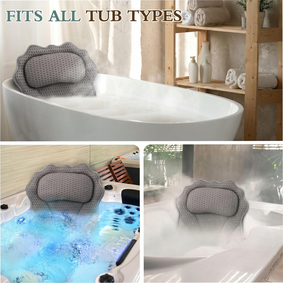 RUVINCE pillow size comparison with hand and tub to show scale and fit