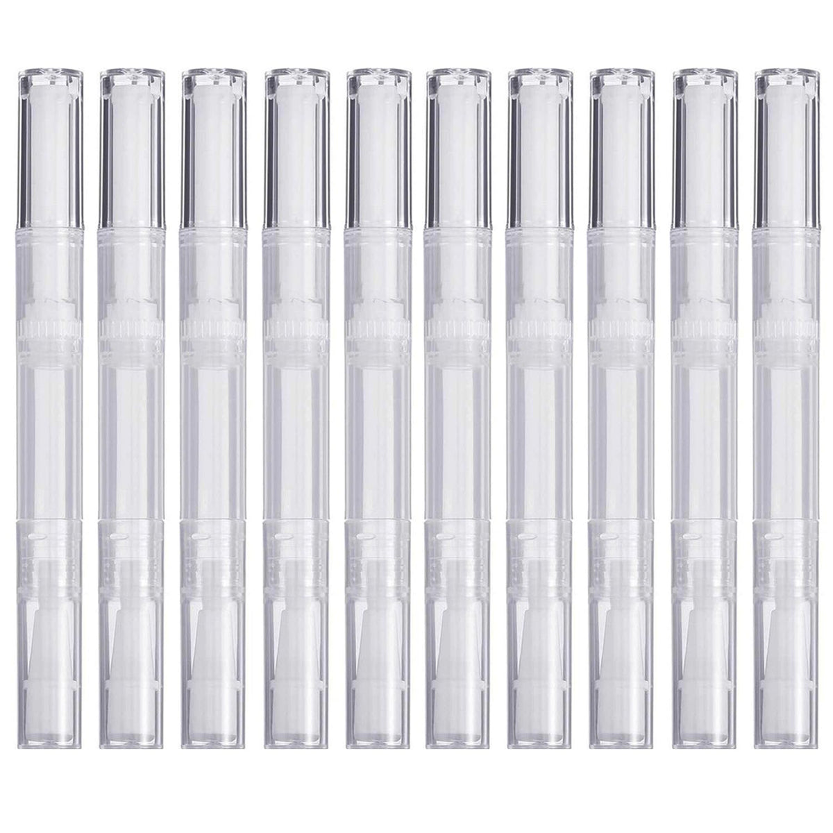 Rvetol front view of ten transparent twist pens showing neat packaging and portability