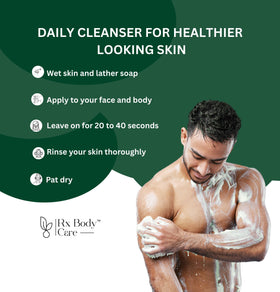 RX Body Care soap on shower shelf illustrating daily-use convenience and freshness