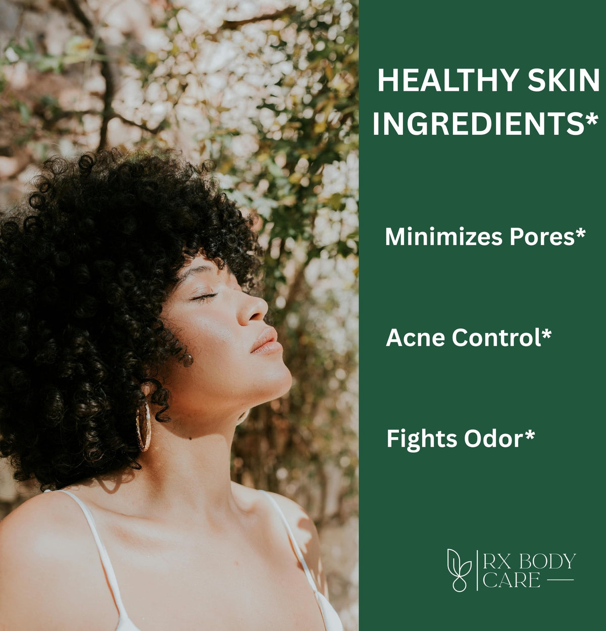 RX Body Care label detail highlighting ingredient list and natural essential oils