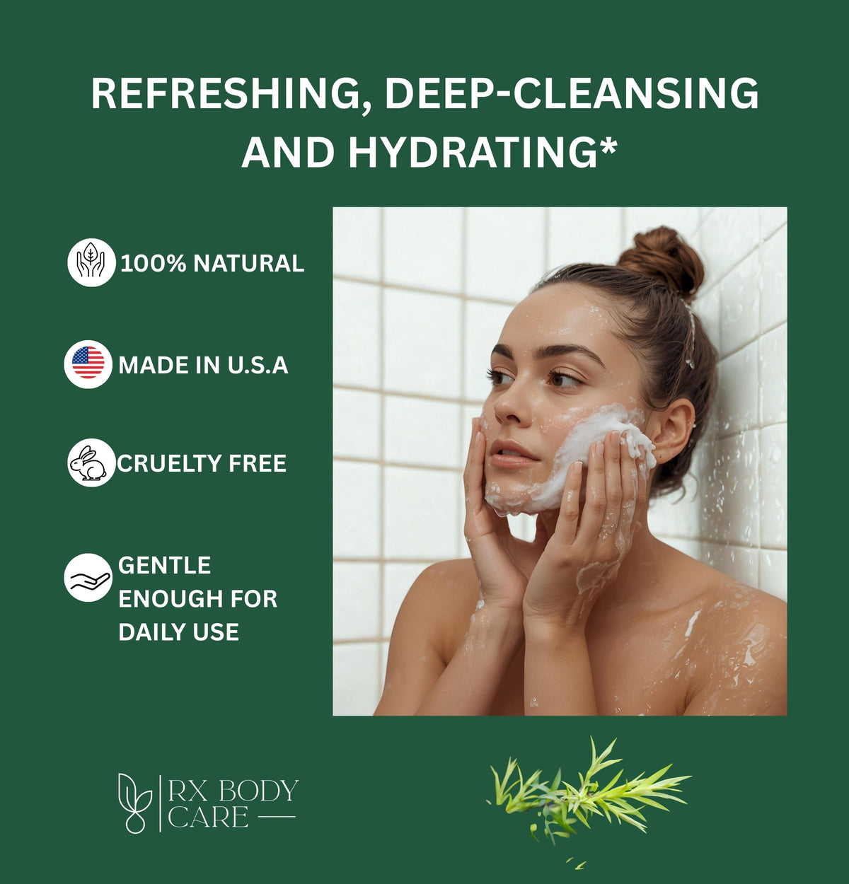 RX Body Care close-up lather demonstrating rich foam and effective cleansing