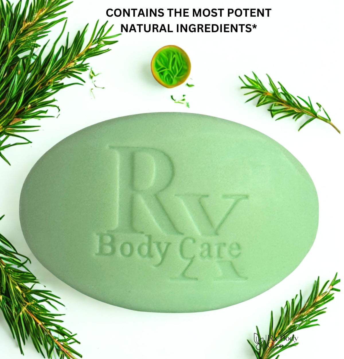 RX Body Care bar beside hand to show 4.0 oz travel-friendly size and portability