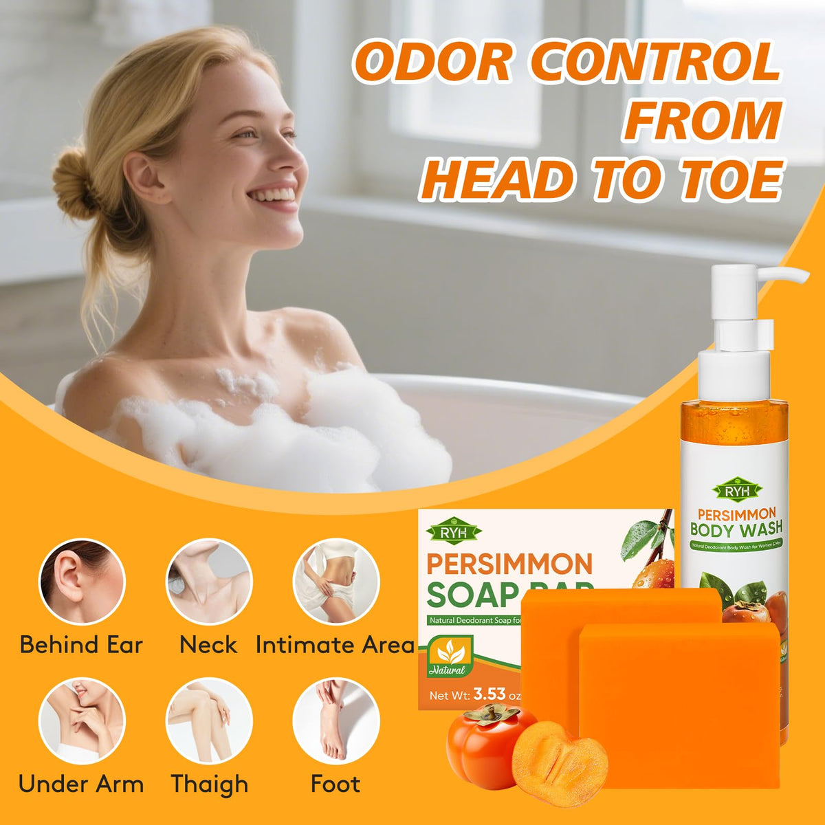 RYH persimmon body wash pouring texture illustrating easy spreadability