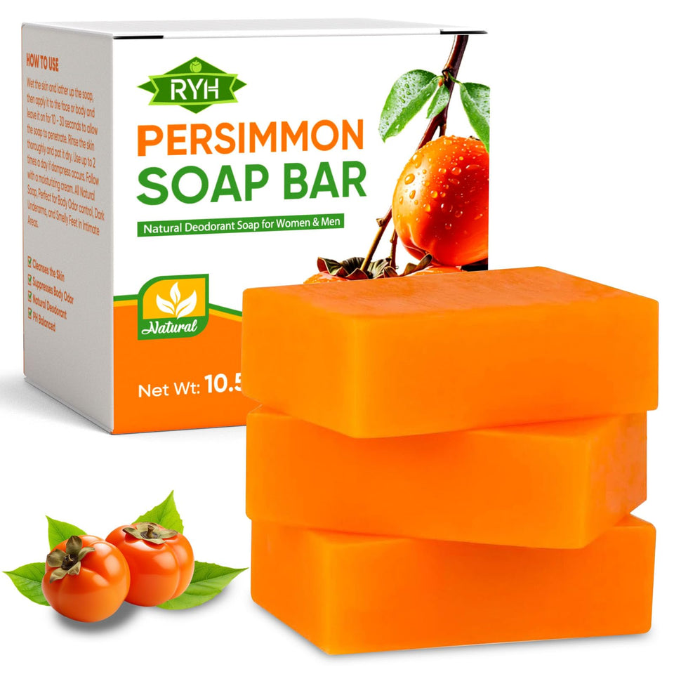 RYH persimmon soap front packaging showing three bars and branding, natural benefit